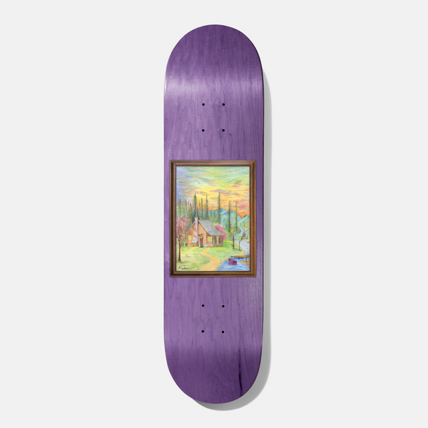 Baker Nuge Woodland Escape 8.0 skateboard deck: Purple stained wood deck with a framed coloured-pencil painting of a log cabin in a pine forest at sunset, with a winding path and a lake with a small boat.
