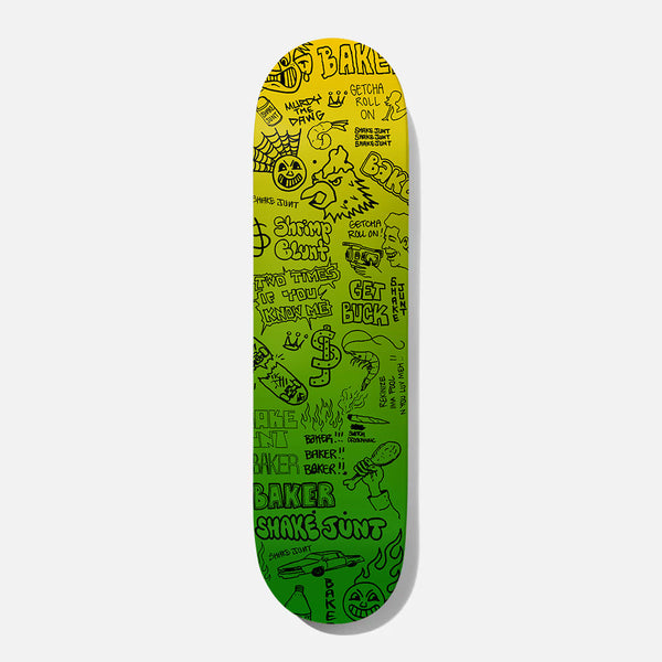 Baker Rekinize 8.5 skateboard deck: Black line-drawn graffiti-style doodles covering the deck, including Baker and Shake Junt tags, a shrimp, a bird head, a car, a drumstick, a dollar sign and slogans, over a yellow to green gradient.