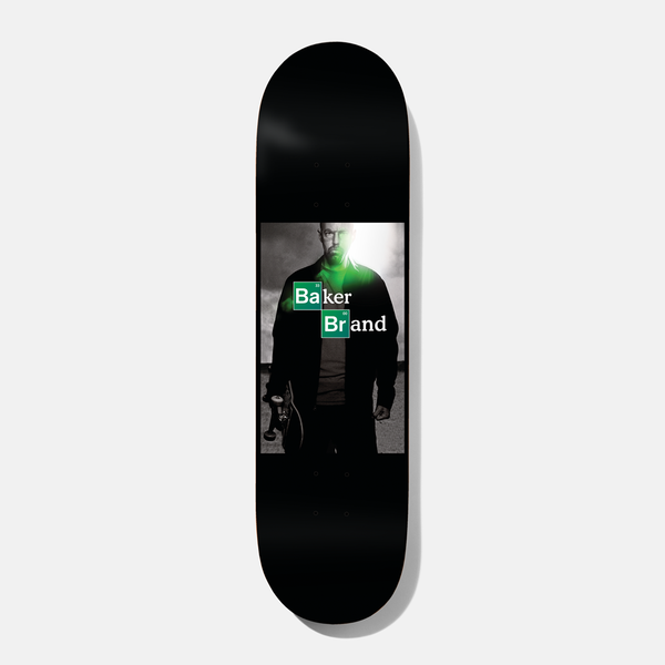Baker Reynolds ABQ 8.125 skateboard deck: Black deck with a panel photo of a bald man in a dark jacket holding a skateboard, tinted with a green glow, overlaid with the Baker Brand name in periodic-table element tiles.