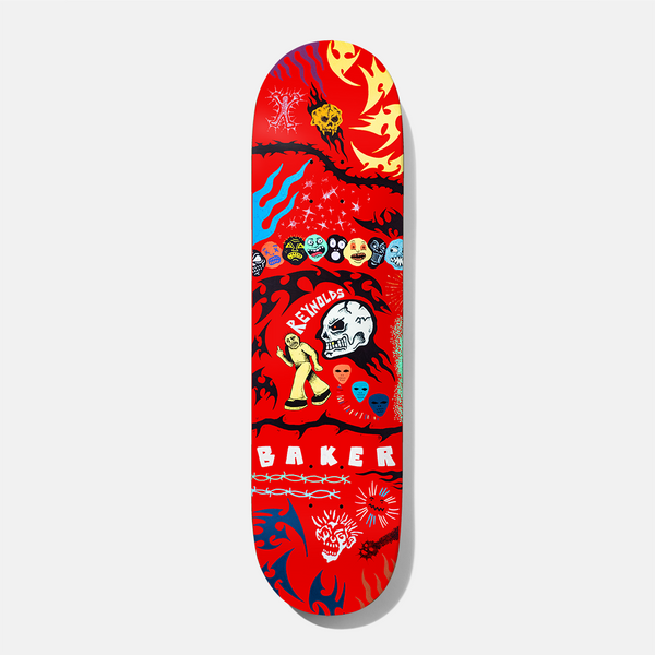 Baker Reynolds Another Thing Coming 8.0 skateboard deck: Red deck covered in hand-drawn motifs: a row of masks, a white skull, a yellow walking figure, flames, thorny black vines, barbed wire and tribal shapes, with Reynolds lettering and white Baker lettering.