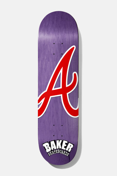 Baker Reynolds ATL 8.5 skateboard deck: A large red script letter 'A' with a white outline, in the style of a baseball team logo, on a purple stained deck, with the Baker Skateboards logo at the tail.