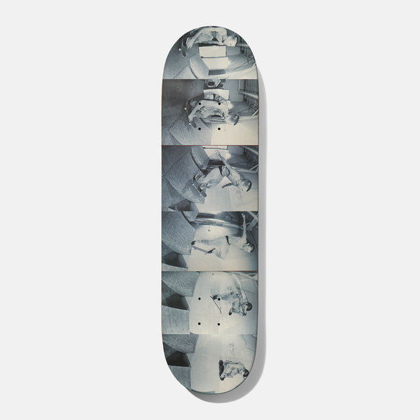Baker Reynolds BAKERVCA 8.5 skateboard deck: Five stacked black and white photographs of a skater in sequence on a ramp, rotated sideways across the deck with a blue-grey tint.
