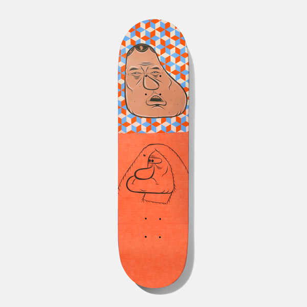Baker Reynolds Barry 8.25 skateboard deck: A drawn bald-headed man's face in a rounded frame on a blue, orange and cream cube pattern, above a black line drawing of a hairy hunched creature on an orange deck.