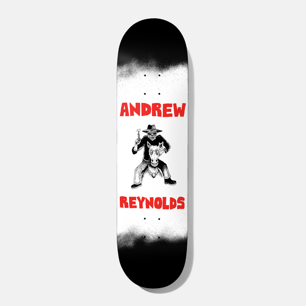 Baker Reynolds Big Iron 8.5 skateboard deck: White deck with black spray-painted fades at nose and tail, red hand-lettered Andrew Reynolds name, and a black and white drawing of a skeleton cowboy with a gun riding a hobby horse.