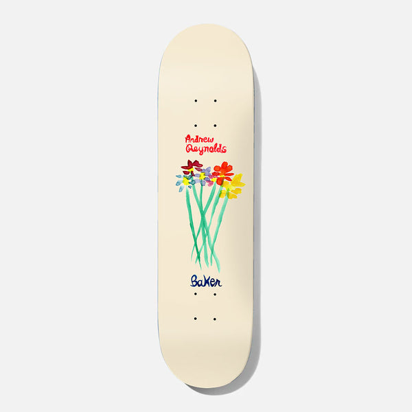 Baker Reynolds Bouquet 8.125 skateboard deck: A loose watercolour bunch of red, orange, yellow and blue flowers with green stems on a cream deck. Rider name handwritten in red above and Baker in navy below.