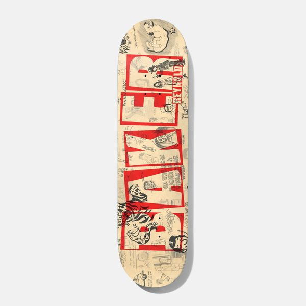 Baker Reynolds Brand Name Doodles 8.0 skateboard deck: Large red outlined Baker logo with the rider name in the side, over a cream background covered in black pen doodles of faces, animals, figures and handwritten notes.
