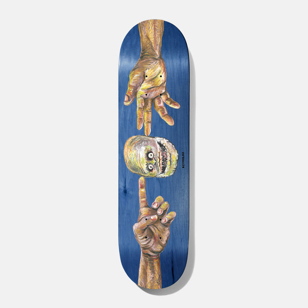 Baker Reynolds Constructors 8.38 skateboard deck: Two painted hands reach towards a grinning cartoon monster face between them, echoing Michelangelo's Creation of Adam, on a blue-stained board with 'Reynolds' in small text beside it.