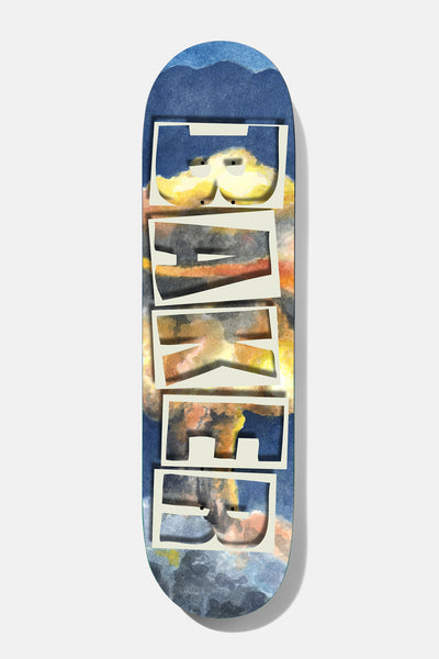 Baker Casper Brooker Watercolor 8.38 skateboard deck: Large cream Baker block lettering running down the deck over a watercolour painting of a mushroom-cloud explosion in orange and yellow against a blue sky.