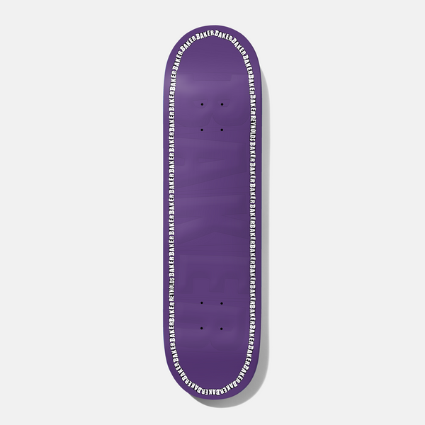 Baker Reynolds Edge Purple Embossed 8.475 skateboard deck: Plain purple deck with a large tone-on-tone embossed BAKER logo and a border of repeating BAKER and REYNOLDS lettering in white and black running around the edge.