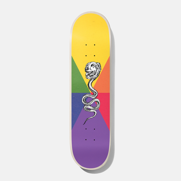 Baker Reynolds Frenz 8.5 skateboard deck: Black and white engraved snake with a golden retriever head, set on a colour-wheel background of yellow, green, orange, pink, blue and purple wedges radiating outwards.