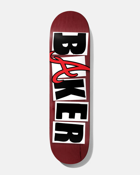 Baker Reynolds Icon ATL 8.25 skateboard deck: Baker in big black block letters on white tiles over a maroon deck, with a red script A (an Atlanta-style letter) swooping across the A.