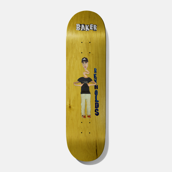 Baker Reynolds Kazi 8.5 skateboard deck: Clay-model figure of a man in a black cap and Baker t-shirt with a long neck, standing on a mustard-yellow wood stain. Baker is in chunky silver letters at the top and the rider's name in blue down the right.