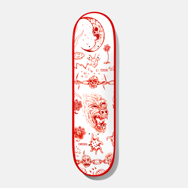 Baker Reynolds Lunacy 8.5 skateboard deck: Red line drawings on white of a skull-faced crescent moon, a barbed wire skull, a snarling beast head, flowers, smiley suns and chain links, inside a red border. Small Baker and rider name tags.