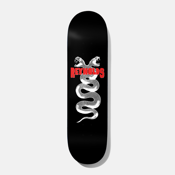 Baker Reynolds Misty Flip Judo Chop 8.0 skateboard deck: Black deck with a white stippled two-headed snake coiled down the board, both heads with open fanged mouths, and the rider name in red block capitals across the necks.