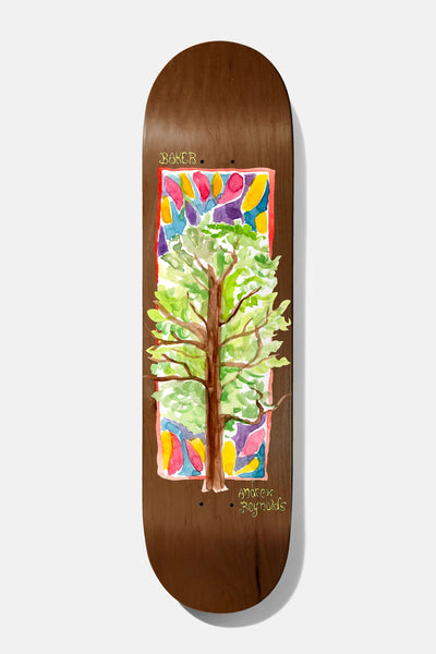 Baker Reynolds Mosaic B2 8.25 skateboard deck: Watercolour painting of a leafy green tree with brown branches inside a red-bordered panel of stained-glass-style colour blocks, on a brown woodgrain deck. Small handwritten Baker and Andrew Reynolds text.