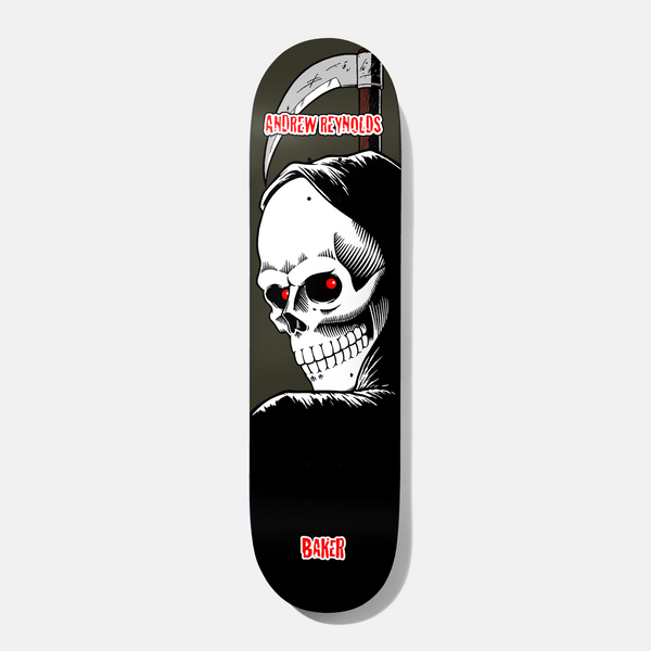 Baker Reynolds Reaper 1 8.25 skateboard deck: Black-hooded Grim Reaper skull with glowing red eyes, a scythe blade rising behind its head, on a dark olive and black deck. Andrew Reynolds in red above and Baker in a red label below.