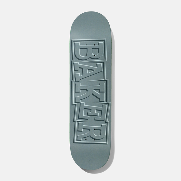 Baker Reynolds Ribbon Grey 7.875 skateboard deck: The Baker ribbon logo in stacked, offset block capitals, outlined in a lighter tone on a plain grey-blue deck.