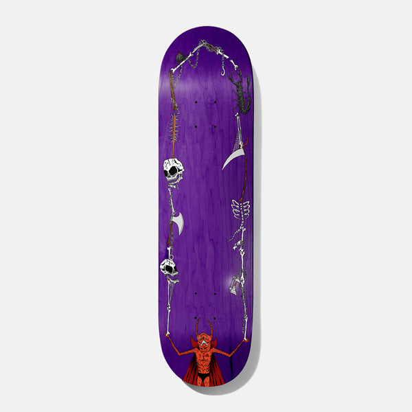 Baker Reynolds Sorcery Survival 8.38 skateboard deck: A horned red devil in a cape at the bottom holds up two chains of bones, skulls, a scythe, axe, scorpion, spider web and hourglass that loop up each side of the deck, on a purple stained wood background.