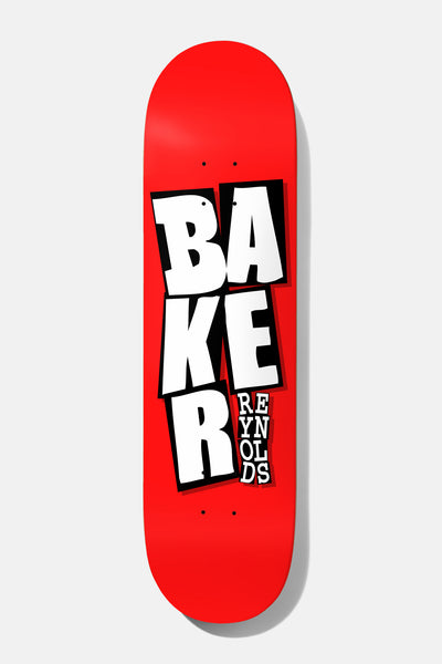 Baker Reynolds Stacked Red B2 8.0 skateboard deck: Large white stacked Baker lettering with black drop shadow on a plain red deck, with the rider's name running vertically in small letters beside the R.