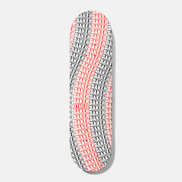 Baker Reynolds Wavy Blk/Red 8.25 skateboard deck: All-over pattern of repeated Baker box logos in black and red on white, arranged in wavy diagonal bands. Rider name appears in one red box.