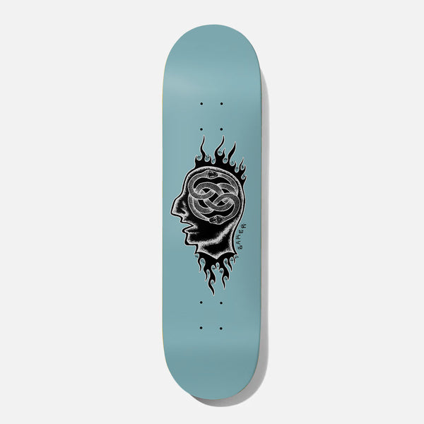 Baker Reynolds Whiplash 8.5 skateboard deck: A black silhouette of a human head in profile with flames, its brain replaced by a knotted pair of snakes drawn in white, on a pale blue deck. Small Baker signature beside it.