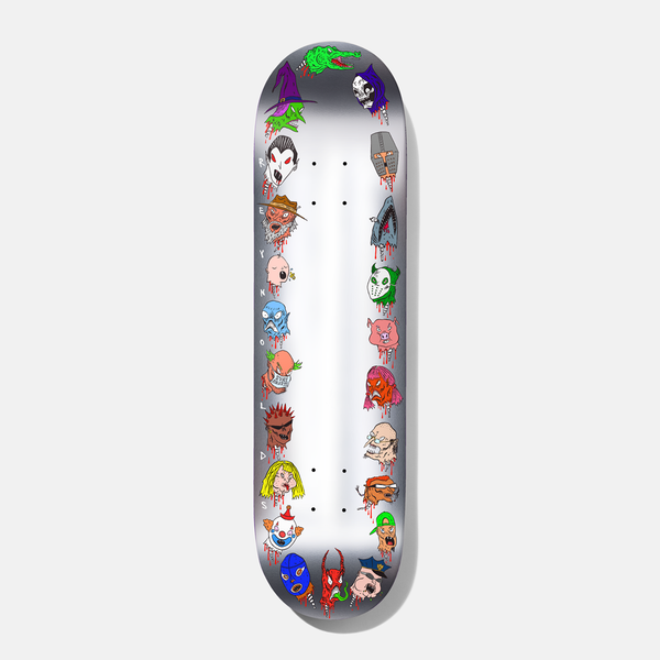 Baker Reynolds Wizardry 8.38 skateboard deck: Silver foil deck with a ring of cartoon monster and horror heads, including a witch, vampire, skull reaper, shark, clown and balaclava, each dripping blood, around a blank white centre. The letters of REYNOLDS run down the left edge.