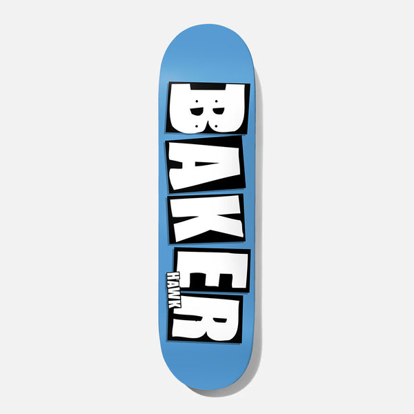 Baker Riley Brand Name Blue B2 8.25 skateboard deck: Large white block BAKER letters with black outlines stacked vertically on a plain light blue deck, with a small HAWK tag beside the final letters.