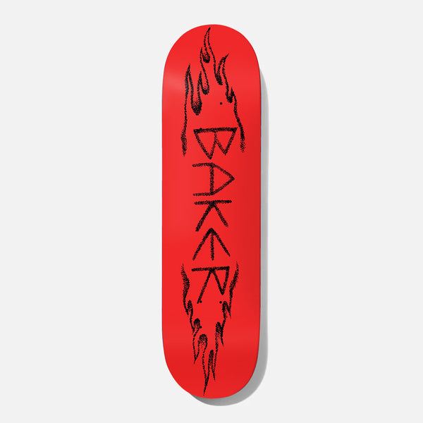 Baker Riley Red Feathers 8.125 skateboard deck: Jagged hand-drawn BAKER lettering in stippled black ink, surrounded by flame shapes, on a plain red deck.