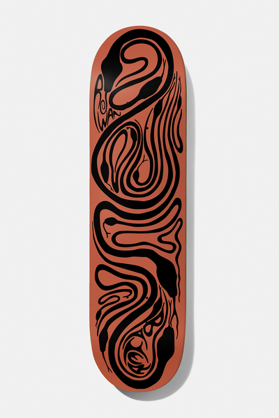 Baker Rowan Brain Rabies 8.125 skateboard deck: Black swirling snakes intertwined in flowing curvy lines across a terracotta orange deck, with Rowan lettered along the left edge.