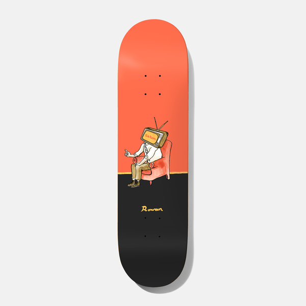 Baker Rowan Brainstorm 8.25 skateboard deck: Deck split between coral orange above and black below. A seated figure with an old television set for a head sits in a red armchair, gesturing, with Rowan signed in yellow at the tail.