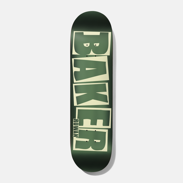 Baker Rowan Brand Name Foil Green B2 8.0 skateboard deck: The Baker logo in large stacked block letters in cream outline boxes, in matte green on a dark green deck with a glowing edge, with a small rider name on the lower letter.
