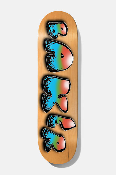 Baker Rowan Bubble Boy 8.25 skateboard deck: Bubbly, blobby graffiti-style 'BAKER' lettering with thick black outlines runs down a natural wood deck, filled with a blue to green to pink-red gradient with white highlights.