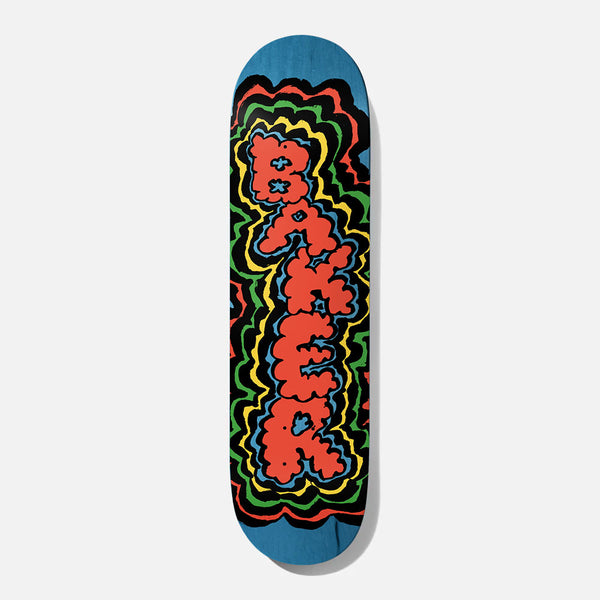 Baker Rowan Bubble 8.5 skateboard deck: Puffy red BAKER lettering with blue shading, surrounded by wobbling yellow, green, red and black outline ripples, on a blue deck.