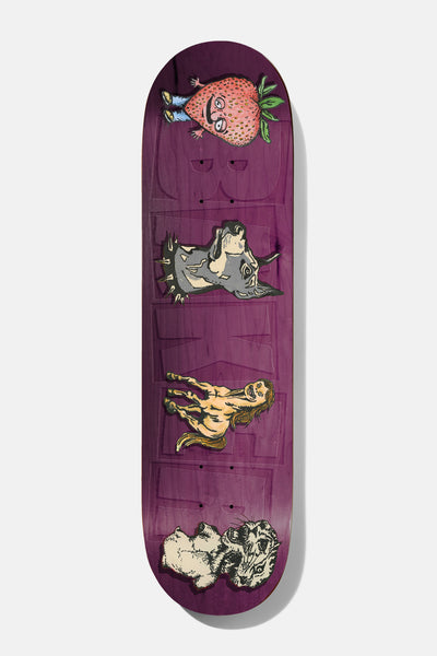 Baker Rowan Dimensions 8.125 skateboard deck: Purple stained deck with a faint ghosted Baker logo and four stacked cartoon illustrations: a strawberry with legs and glasses, a spiked-collar dog's head, a horse and a snarling wolf-like head.