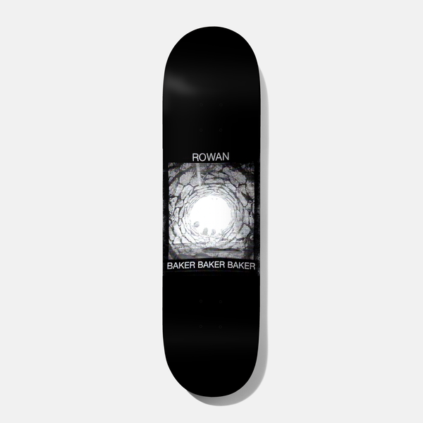 Baker Rowan Distressing Sensation 8.25 skateboard deck: Black deck with a square greyscale photographic print of a circular stone well shaft seen from below, with a bright white opening at the top. Small white name text sits above and the brand repeated three times below the image.
