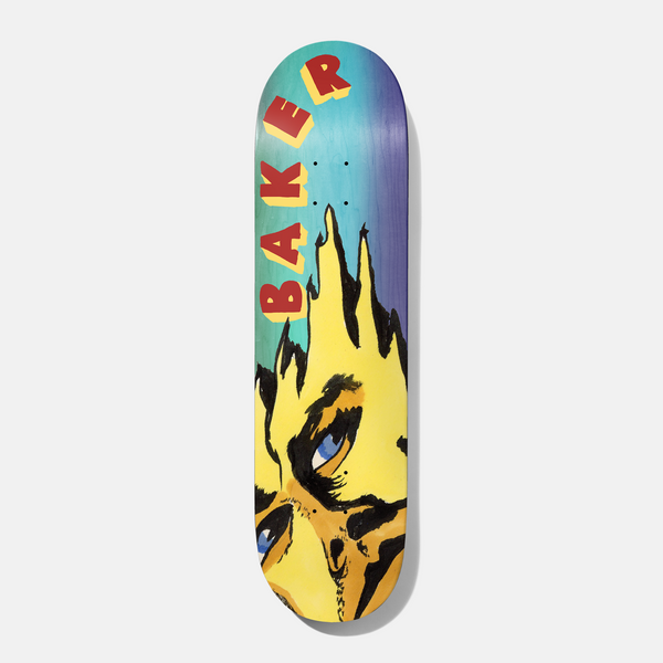 Baker Rowan Dripping 8.38 skateboard deck: Teal to purple gradient deck with Baker in tilted red lettering with yellow shadow above a large cartoon face in yellow, with blue eyes and flame-like spiky hair, cropped at the bottom of the board.