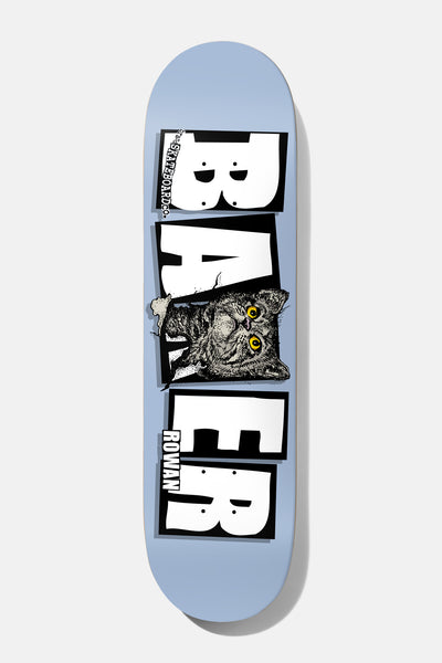 Baker Rowan Emergers 8.5 skateboard deck: A grey cat with yellow eyes bursts through a torn hole in the middle of large white block Baker lettering on a pale blue deck, with 'ROWAN' lettered by the lower letters.