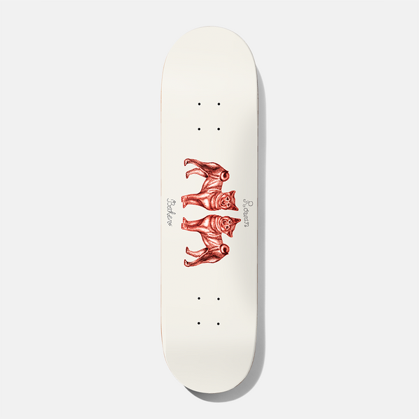 Baker Rowan Eraser Head 8.0 skateboard deck: Cream deck with two red-toned illustrated dogs standing in a mirrored pair, nose to nose, with a handwritten-style name and brand beside them.