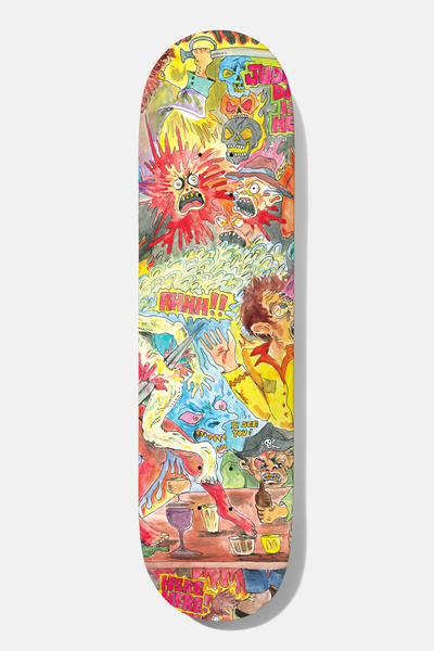 Baker Rowan Here to Stay B2 8.5 skateboard deck: Dense hand-painted bar scene with a screaming red spiky creature, skulls, a clawed monster, a man in a yellow shirt and drinks on a counter, with comic lettering including AHHH and Here Here.