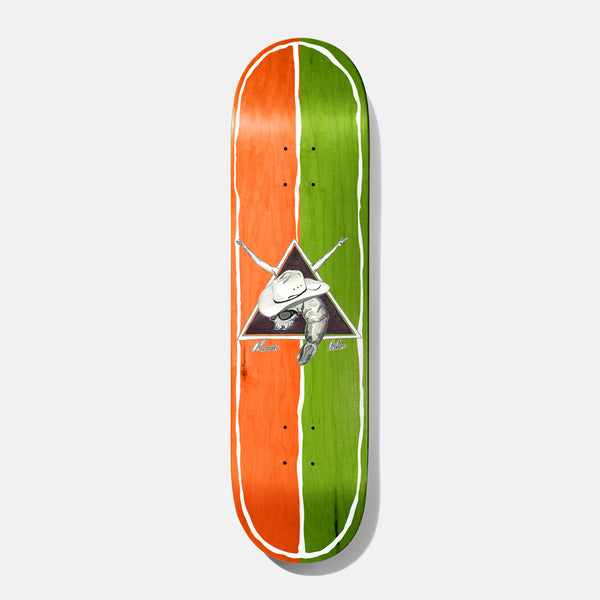 Baker Rowan Howdy Shrimp 8.25 skateboard deck: A grey illustrated shrimp wearing a white cowboy hat and sunglasses, with crossed arms behind, set in a dark triangle at the centre. The deck is stained in a vertical split of orange and green with white outline stripes.