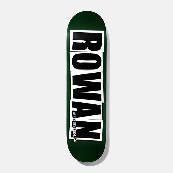 Baker Rowan Logo Green 8.125 skateboard deck: Rider surname ROWAN in huge black capitals, each letter on its own white cut-out block, running the length of a dark green deck. Baker Skateboards in small type at the bottom.