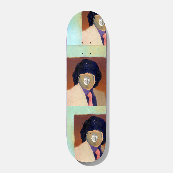 Baker Rowan Mario 8.5 skateboard deck: Painted portrait of a person in a cream jacket, purple shirt and pink tie with a big dark hairstyle, repeated three times in blocks of brown and pale green. A small smiling photo face is pasted over each face.