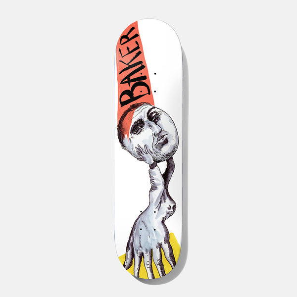 Baker Rowan Melted 8.38 skateboard deck: Painted figure of a hand on a long stretched arm holding up a man's face like a mask, with an orange panel behind it carrying BAKER in black hand-lettering, on a white deck with a yellow patch at the tail.