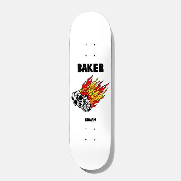 Baker Rowan Misty Flip Judo Chop 8.125 skateboard deck: Black and white skull with a flaming trail of red, orange and yellow flames, on a plain white deck. Baker logo in black block capitals above and rider name below.