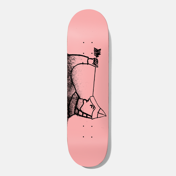 Baker Rowan Presley 8.125 skateboard deck: A rough black stencil-style drawing, rotated sideways, of a hooded figure with a pointed mask or beak holding up an arrow, on a plain pink deck.