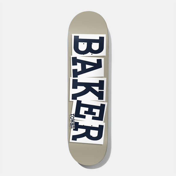 Baker Rowan Ribbon Grey B2 8.125 skateboard deck: Baker logo in large navy block capitals, each letter on a slightly tilted white paper strip, running down a plain taupe-grey deck. Small rider name 'rowan' beside the lower letters.