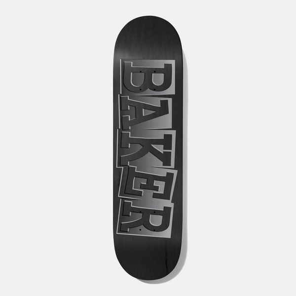 Baker Rowan Ribbon Name Black B2 8.5 skateboard deck: The brand name is set in large, stacked, ragged-cut ribbon lettering, in dark grey and black with a halftone gradient on a black ground.