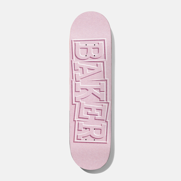 Baker Rowan Ribbon Pink 8.25 skateboard deck: Pale pink deck with the Baker name in large ribbon-style block letters filling the length, outlined in white and shaded in dark pink.