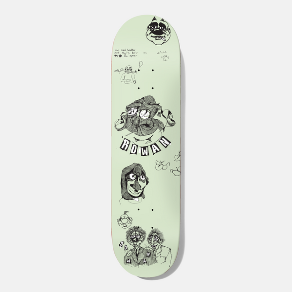 Baker Rowan Santino 8.25 skateboard deck: Black ink sketches of grotesque cartoon faces and heads on a pale mint green deck, with scribbled handwriting and doodles. 'ROWAN' appears in cut-out ransom-style letters twice, once arched and once stacked vertically.