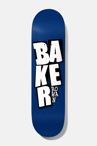 Baker Rowan Stacked Blue B2 8.25 skateboard deck: Large white stacked Baker lettering with black drop shadow on a plain blue deck, with the rider's name running vertically in small letters beside the R.